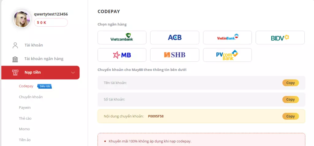 Nạp tiền tự động qua Codepay